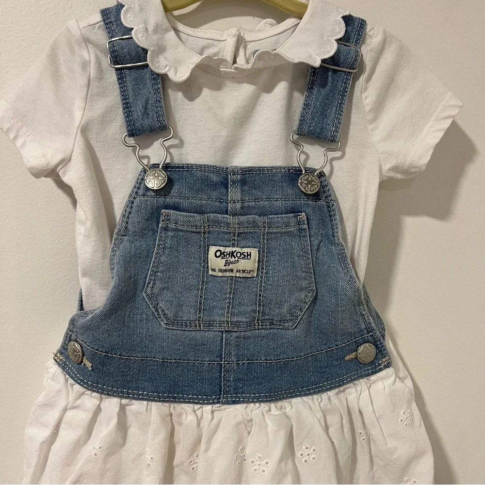 Osh Kosh B'Gosh Toddler Girl Blue Jean White Eyelet Bib Overall Dress Size 2T